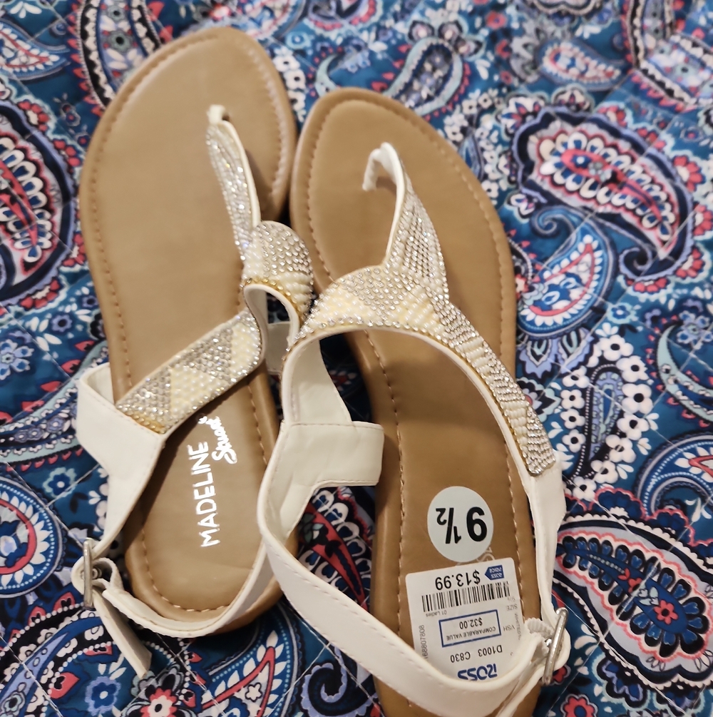 Madeline Stuart White Crystal T-Strap Sandals